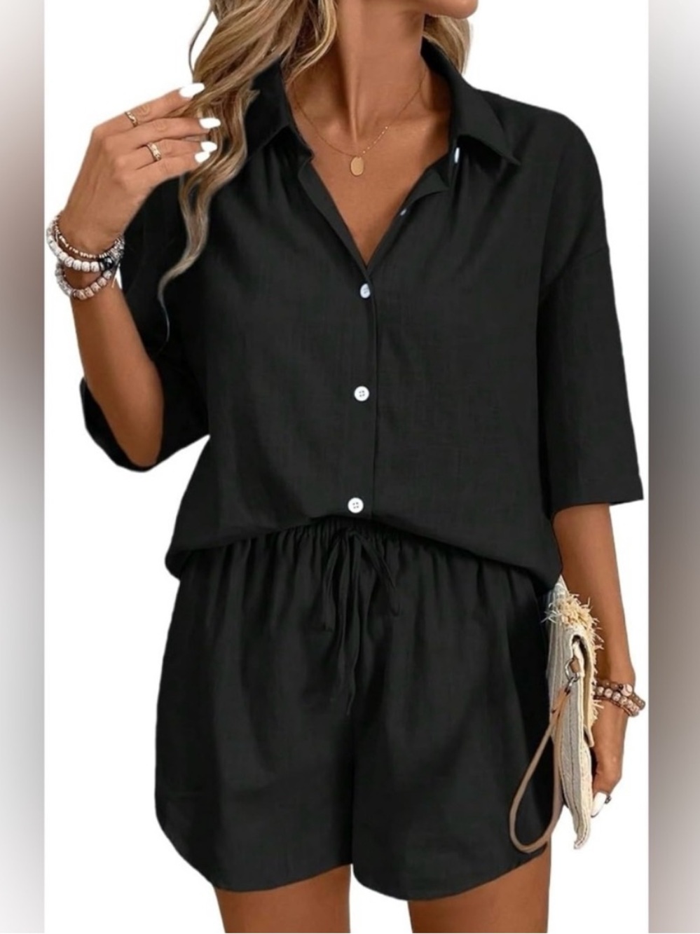 Women’s small Black cotton/linen Button Down Shirt & Drawstring Short Set